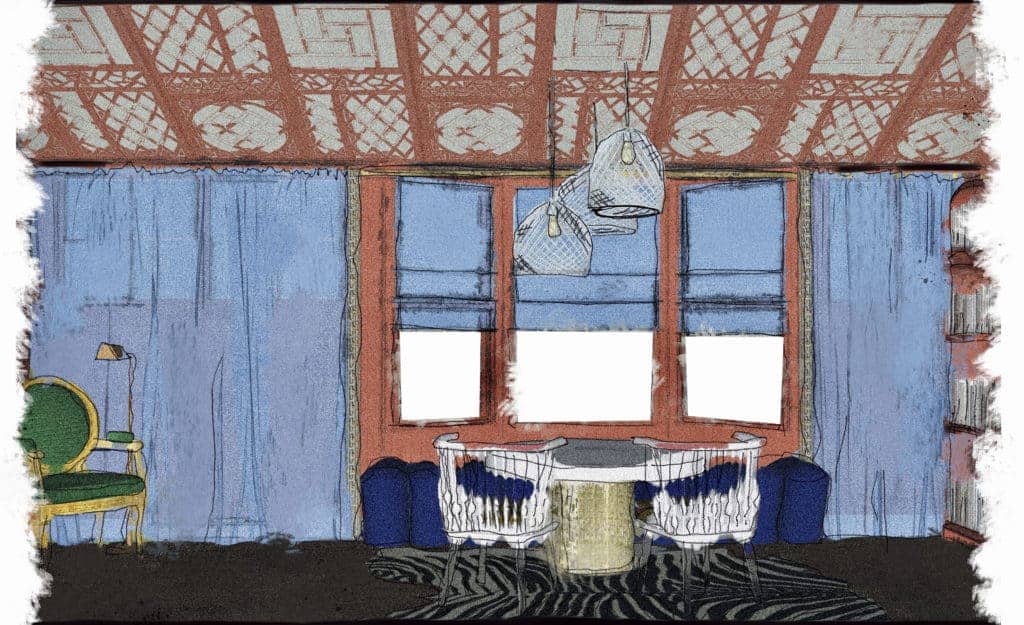 Rendering of tea table with blue walls and patterned ceilings by andrea schumacher