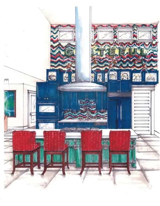Rendering for colorful kitchen with blue cabinets and bright walls