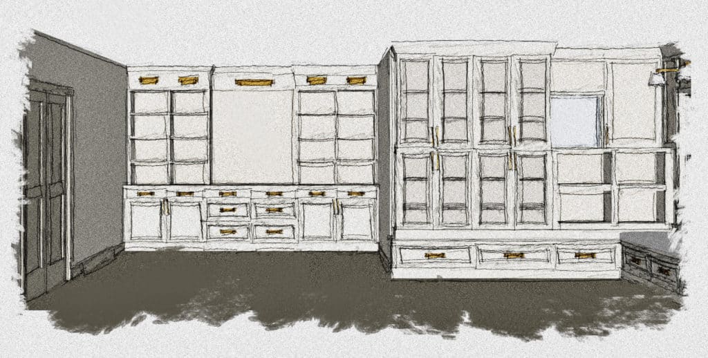 rendering for built in shelves and cabinets denver home remodel