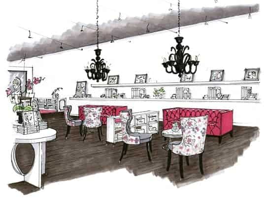 Chic cafe concept with pink detailing and bold black chandeliers