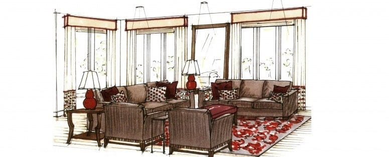 Neutral living room with pops of red design concept by Andrea Schumacher Interiors