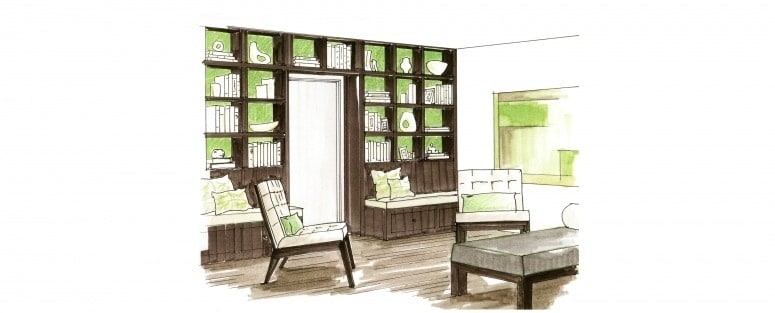 Home lounge with built in shelves and green accents rendering by ASI