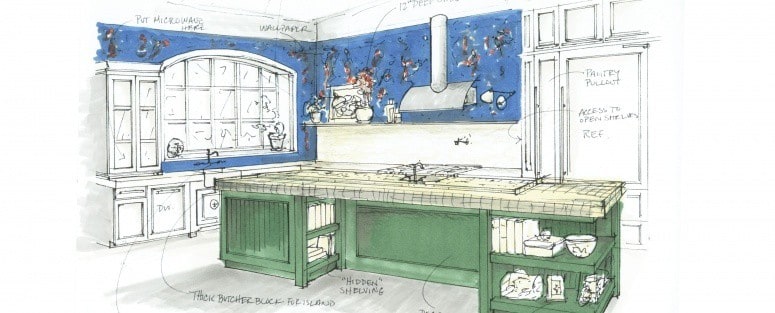 Playful blue and green kitchen renderings by interior design architect denver