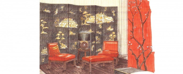 Orange Asian inspired lounge area conceptualized design