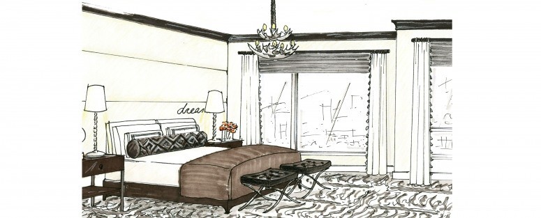 Neutral primary bedroom rendering by Andrea Schumacher