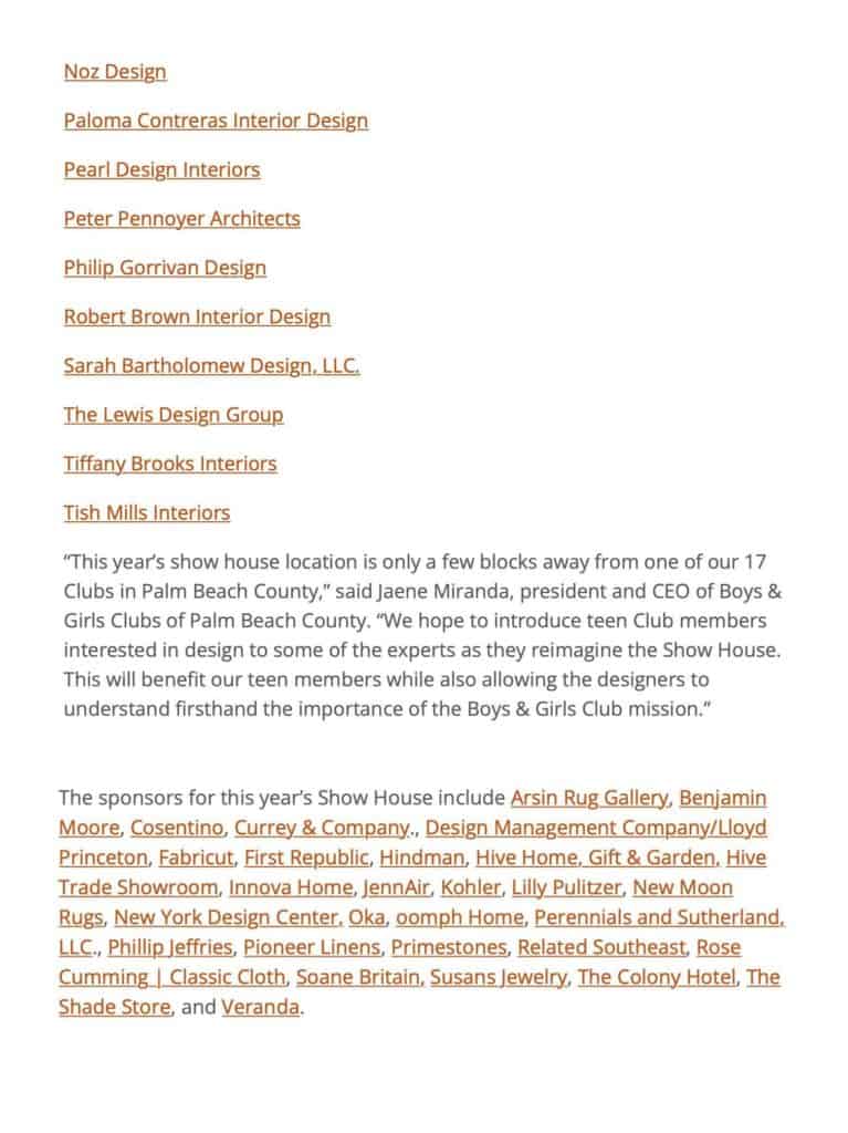 Palm Beach Decorator Showhouse Designer and Sponsor List