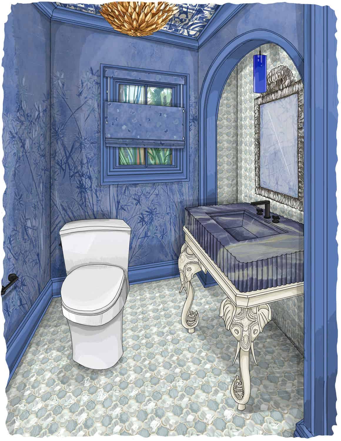rendering of blue powder room by Denver interior designer