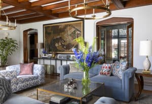 home remodel in tudor home with coffered wood ceilings