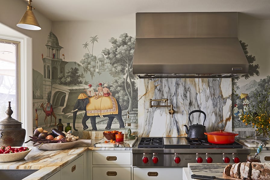 wallpapered kitchen in denver home renovation