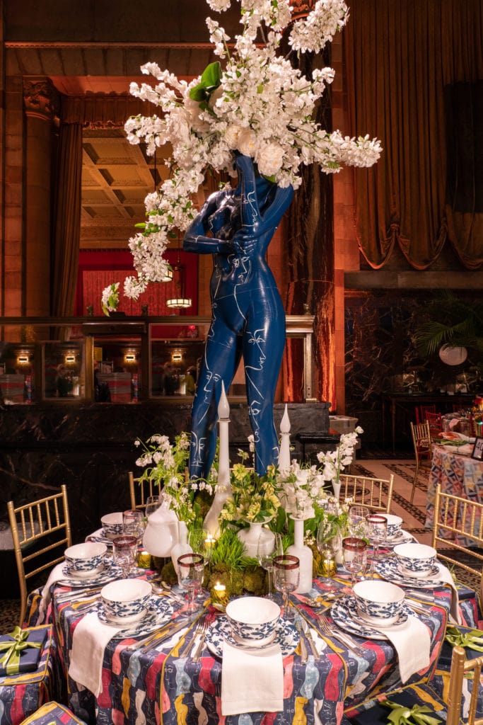 Lenox Hill Spring Gala 2022 table design with multi color female silhouette patterned tablecloth