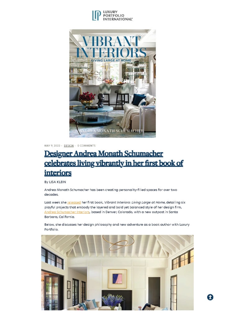 Luxury portfolio international article by lisa klein about Vibrant Interiors