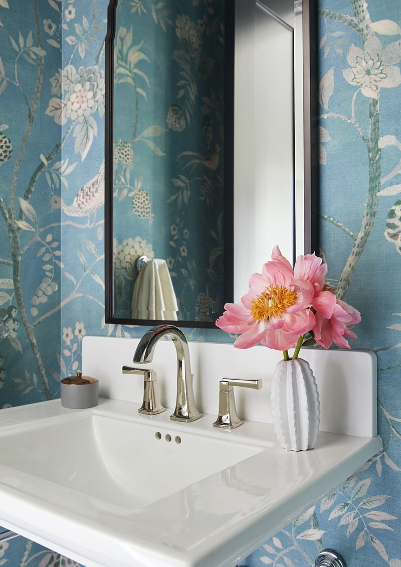 luxe powder room design with blue chinoiserie wallpaper