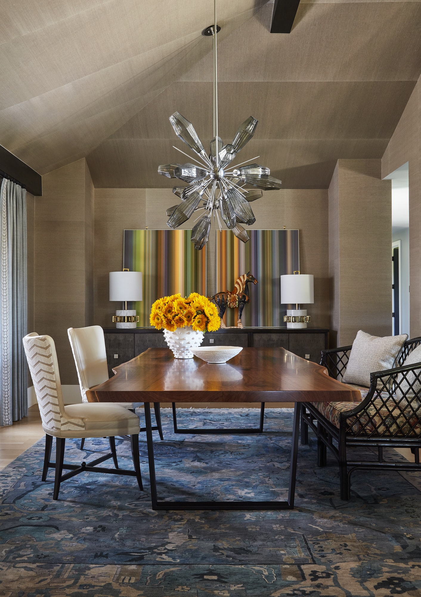 Grasscloth walls and ceiling in modern dining room colorado home renovations