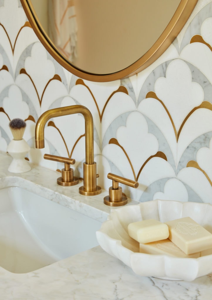 luxury bathroom details with patterned marble tile