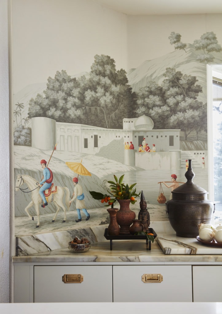 Degournay wallcovering in a kitchen with Calcatta marble and asian decor.