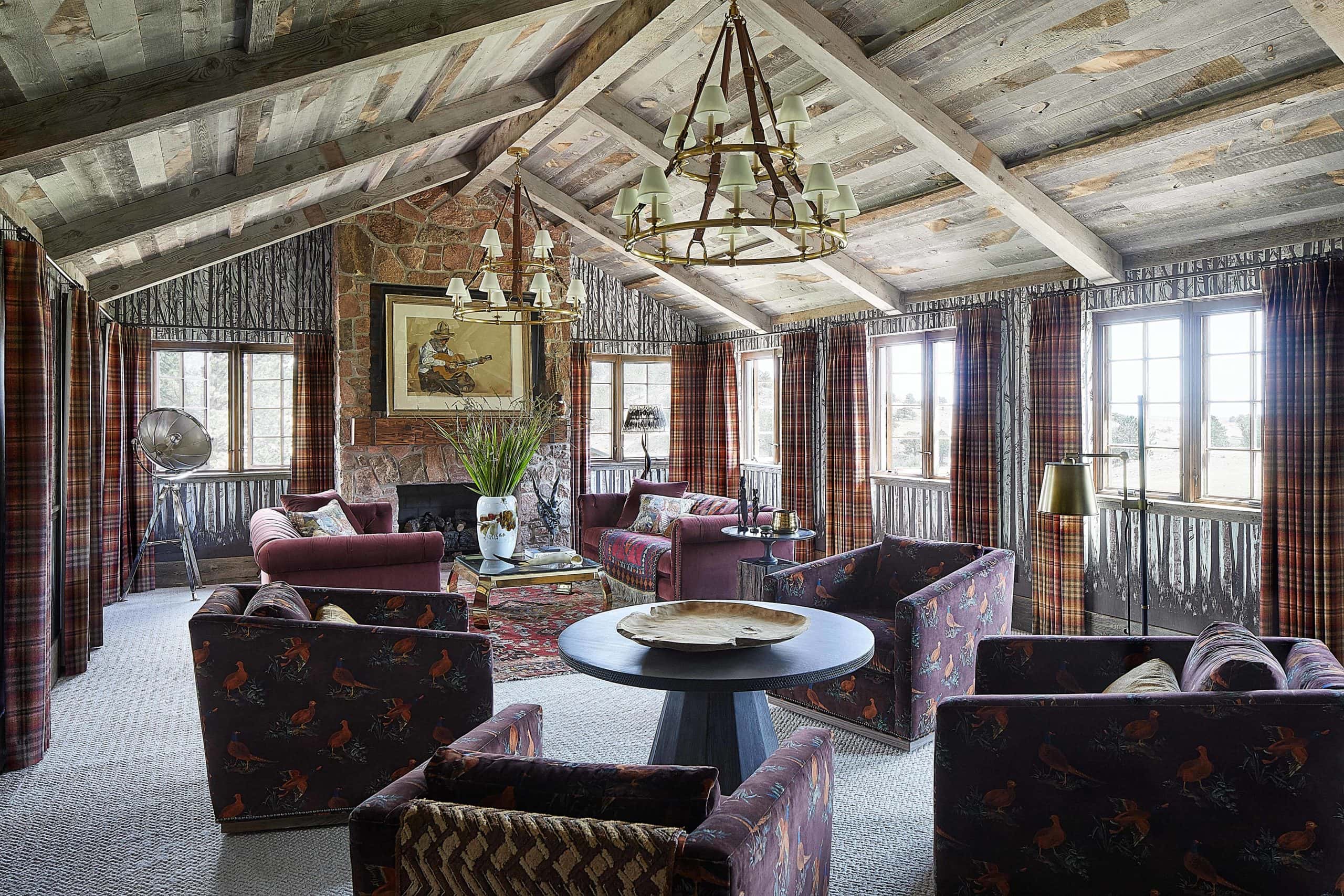 Living room with Ralph Lauren plaid drapery and Woodsy Liesl Collection wallcovering. Barn wood ceilings.
