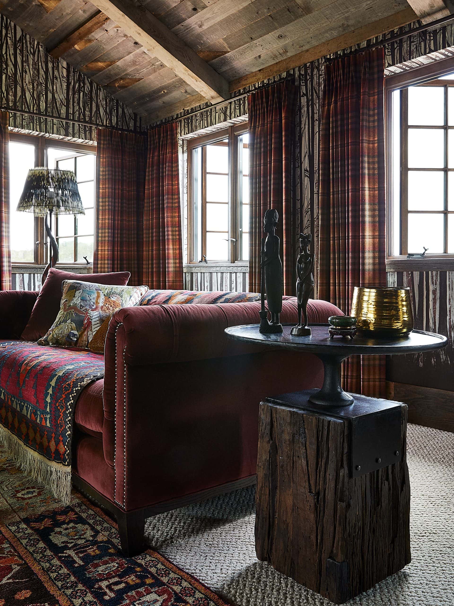 Living room with Ralph Lauren plaid drapery and Woodsy Liesl Collection wallcovering.