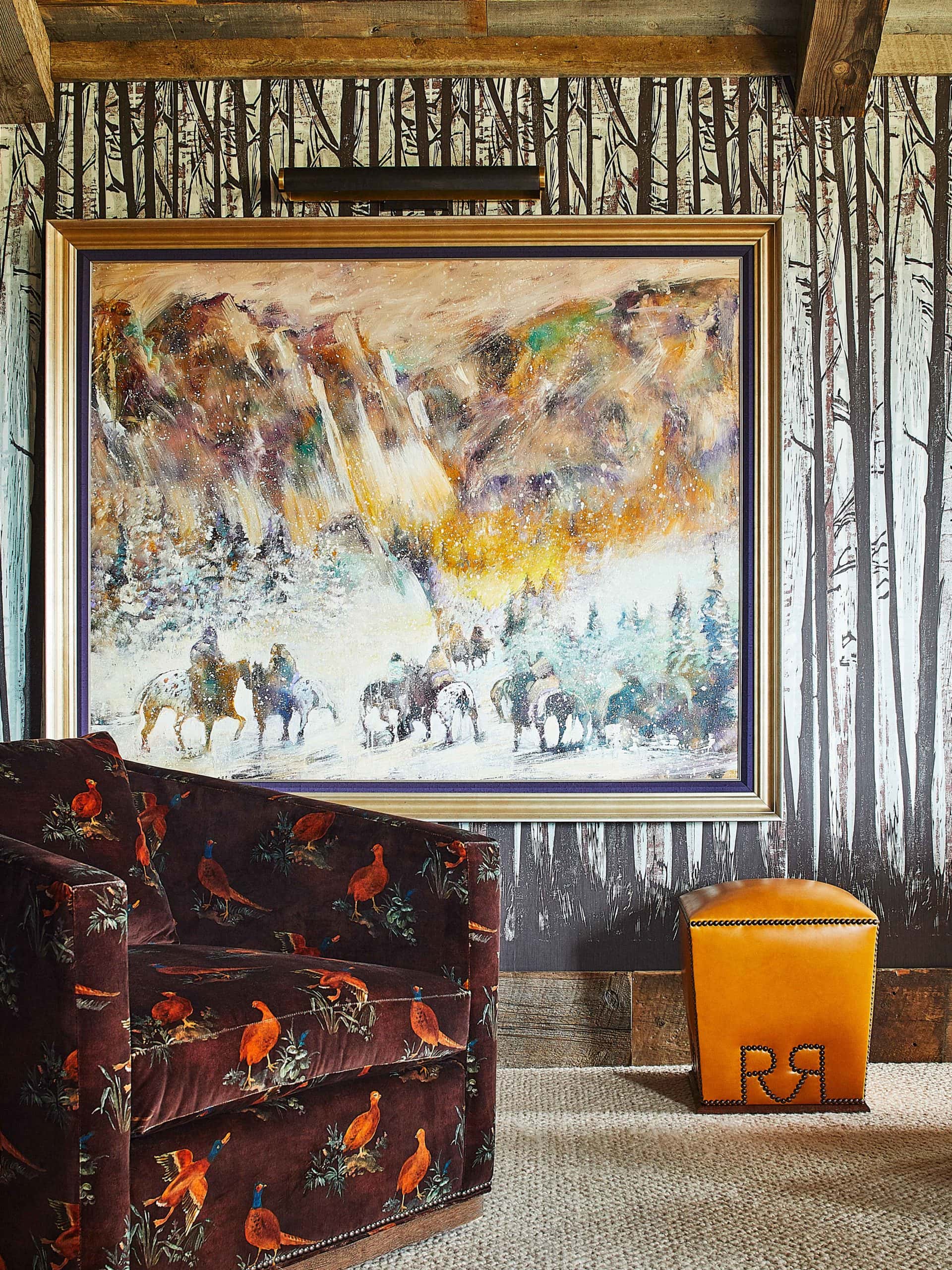 Living room vignette with Liesl Collection wallcovering in Woodsy. Pheasant fabric covered chair.