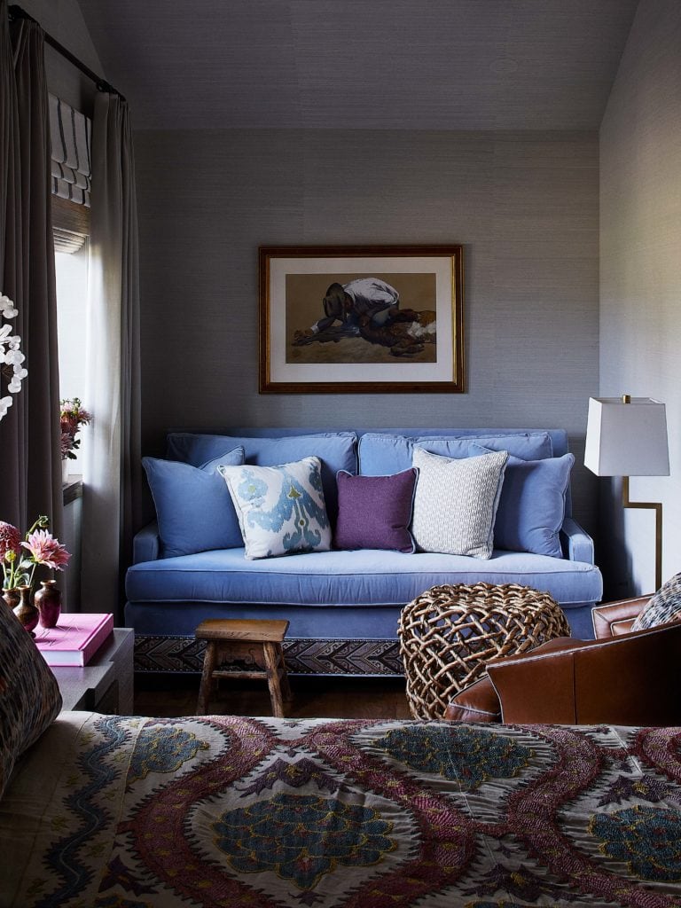 Lilac velvet bedroom sofa and custom purple throw pillows