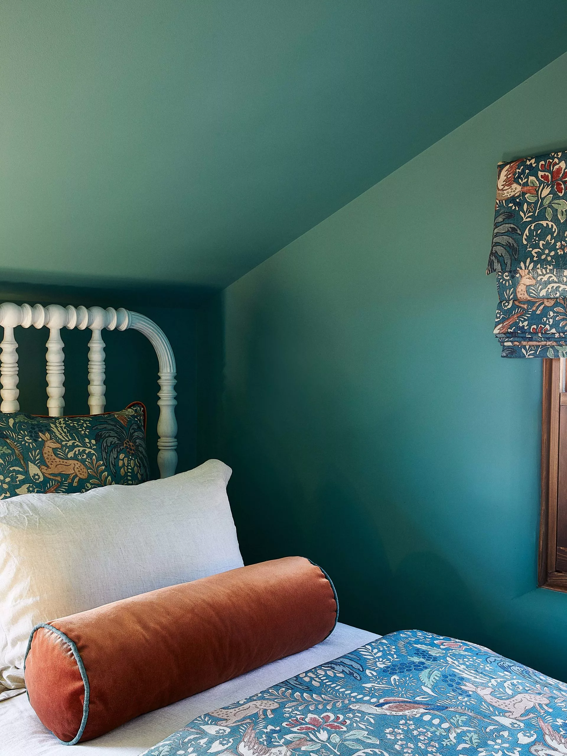Blue and rust child's bedroom vignette.