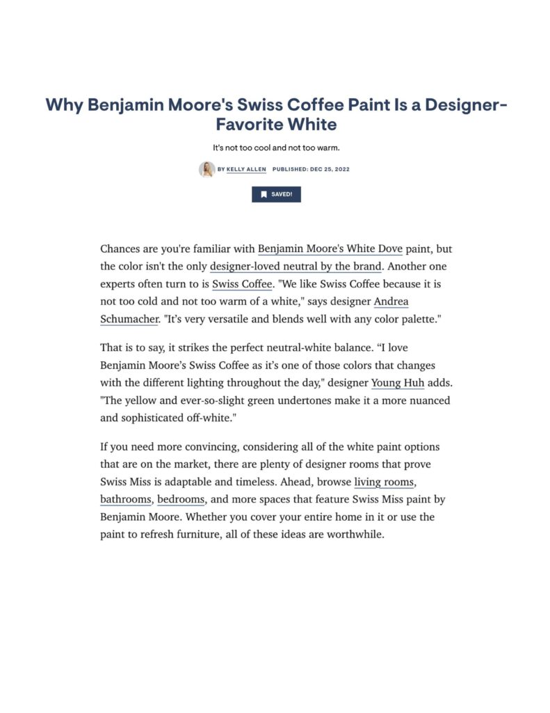 House Beautiful magazine article about why Benjamin Moore's Swiss Coffee Paint is a designer favorite