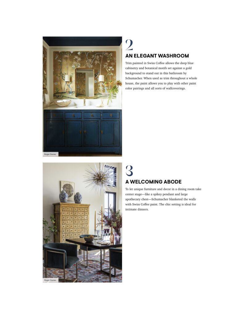 House Beautiful Magazine featuring a dining room and powder bathroom painted in Benjamin Moore's Swiss Coffee