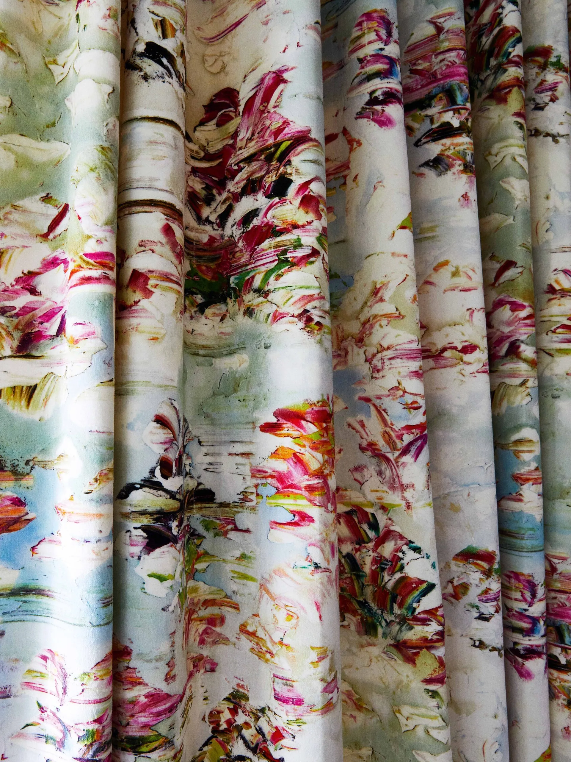 Painterly floral drapery interior design in colorado