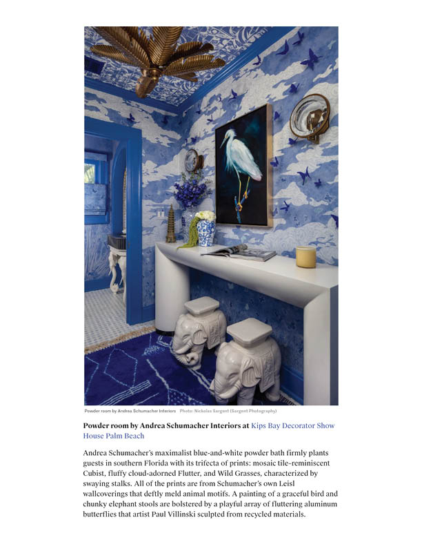 Blue wallpapered powder room from Kips Bay Show House