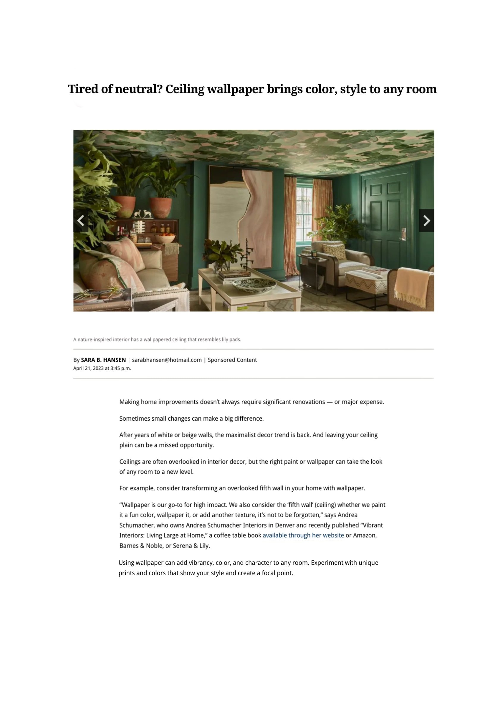 Denver Post article about wallpapering your ceiling and colorful room inspiration