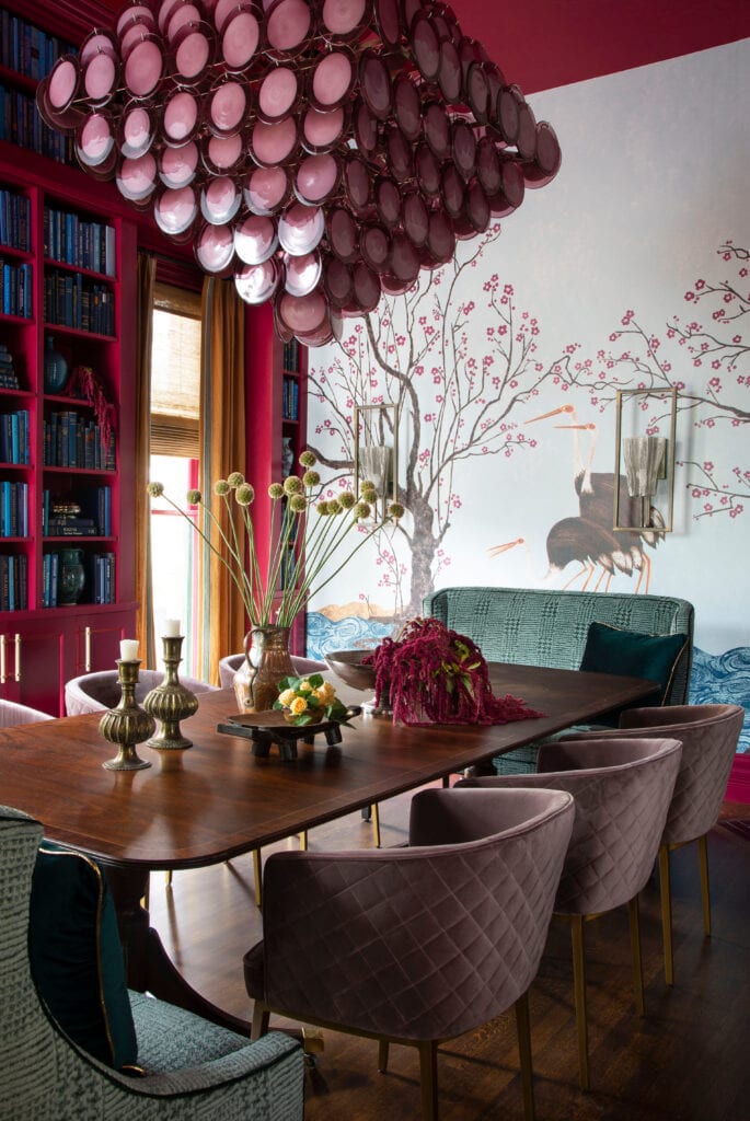 Colorado interior design dining room with custom wallcovering and rose pink glass chandelier