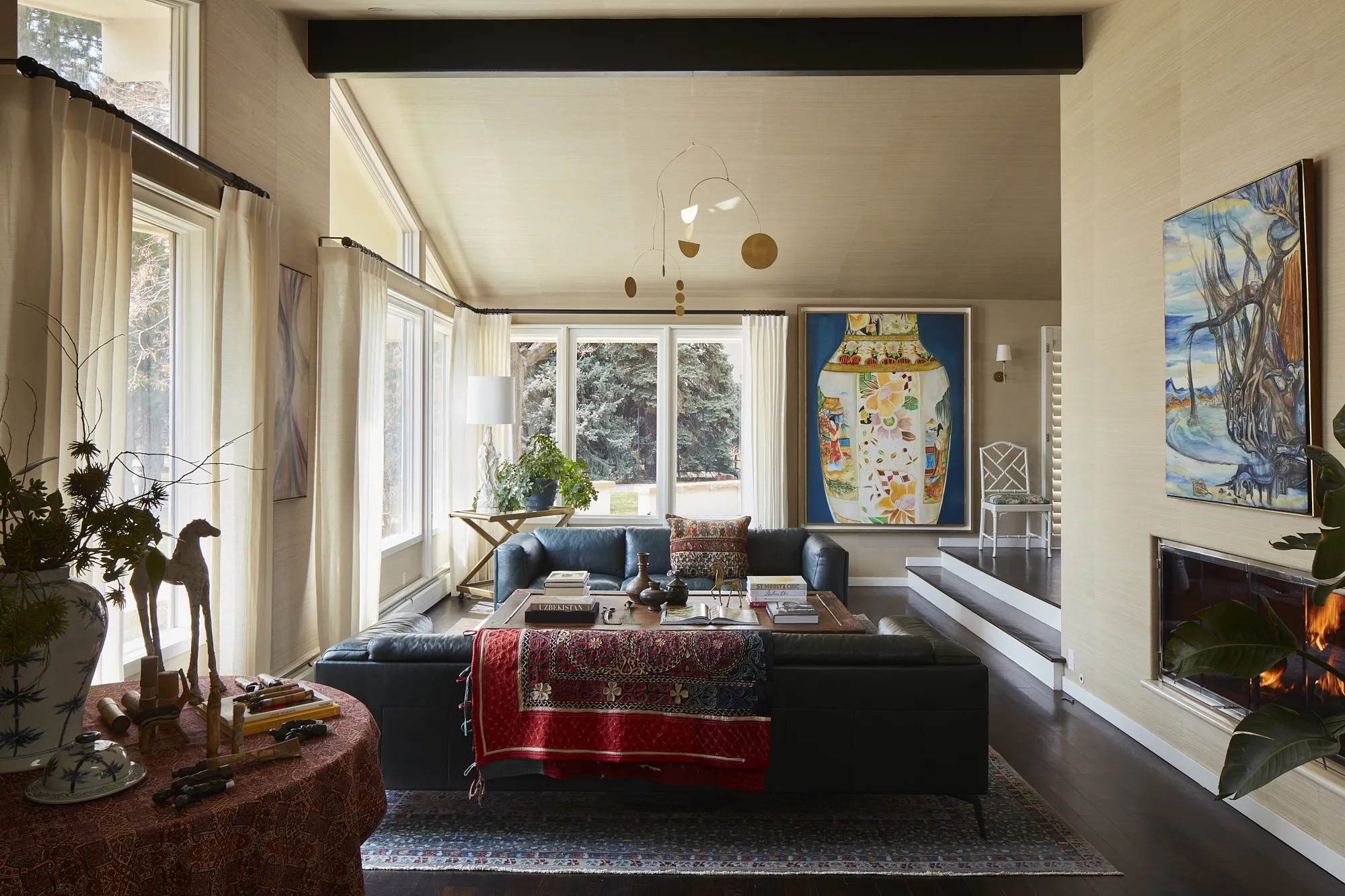 Interior designers great room with wallpapered ceiling