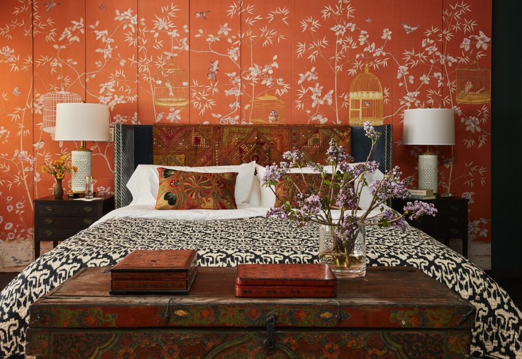primary bedroom floral orange luxury interior design