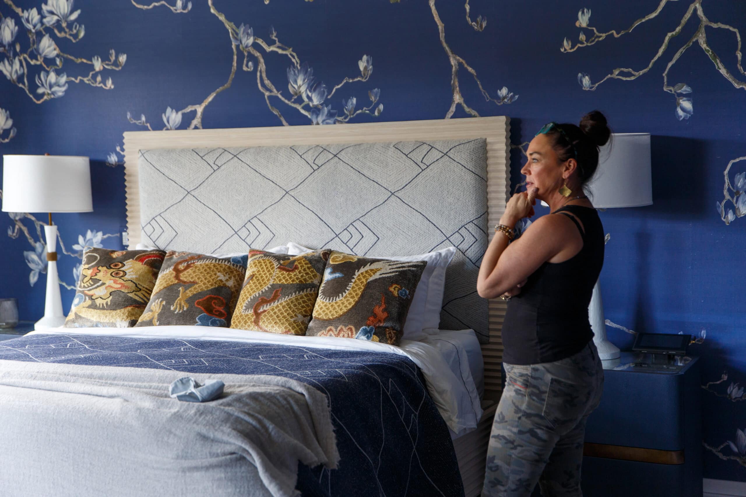 Andrea Monath Schumacher Photo Shoot prep blue bedroom