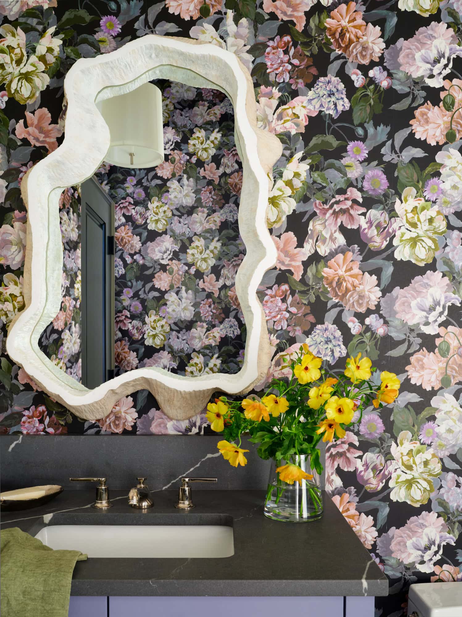 Denver bathroom floral wallcovering sculptural mirror detail