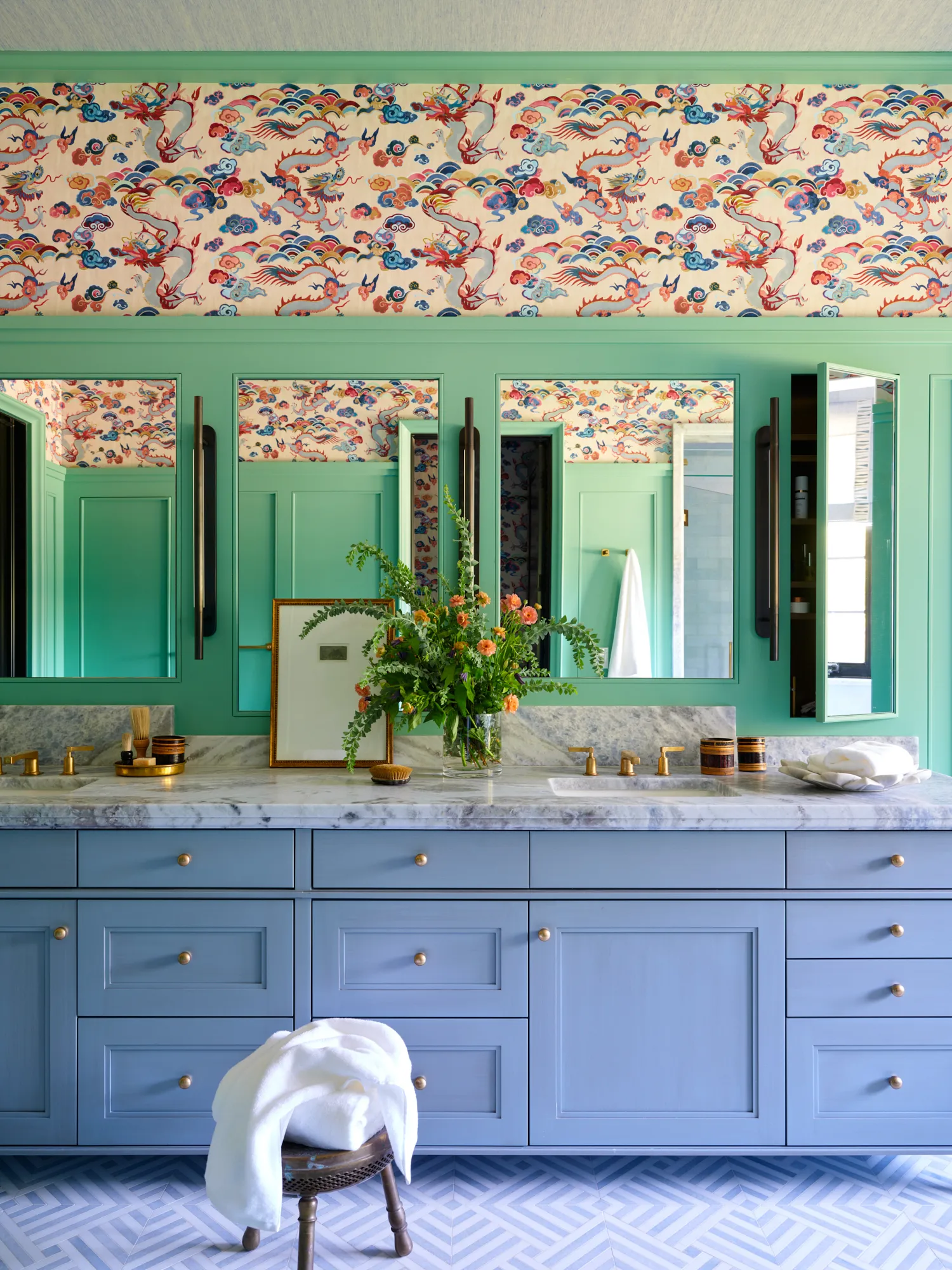 Cherry Hills bathroom blue cabinetry floral wallpaper
