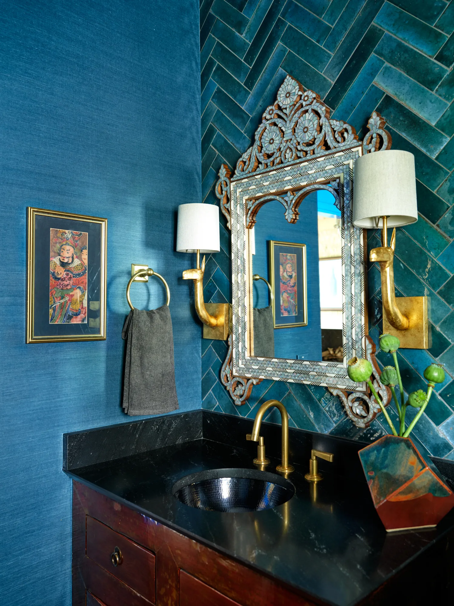 Denver powder room blue tile ornate mirror brass fixtures