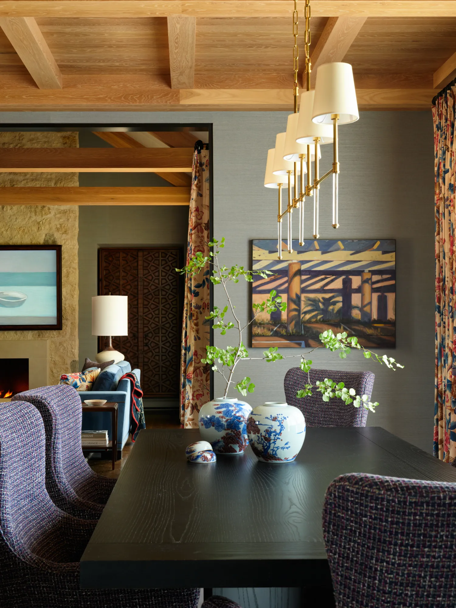 Denver dining room colorful art wood beam ceiling