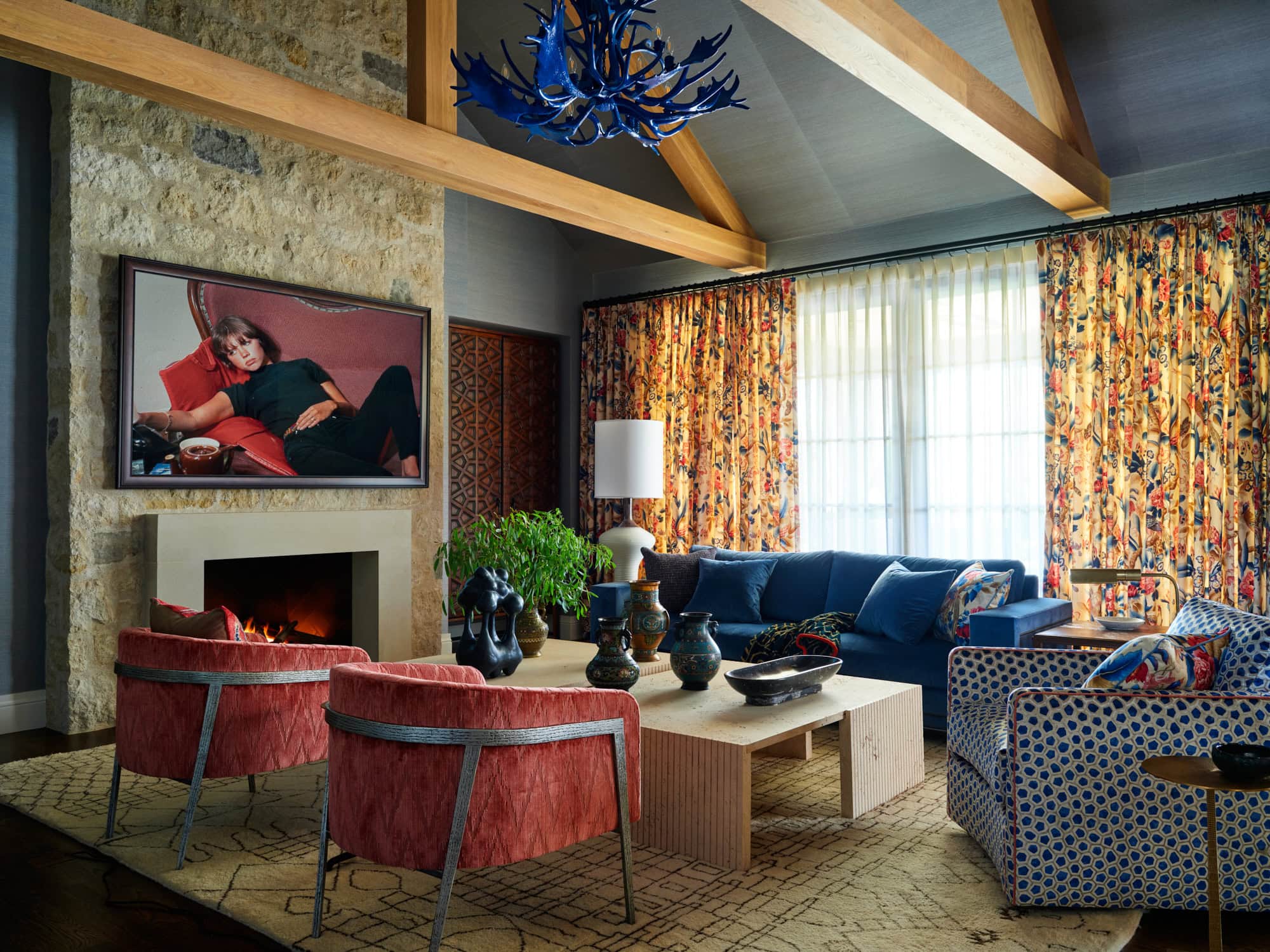 Cherry Hills living room colorful seating wood beams