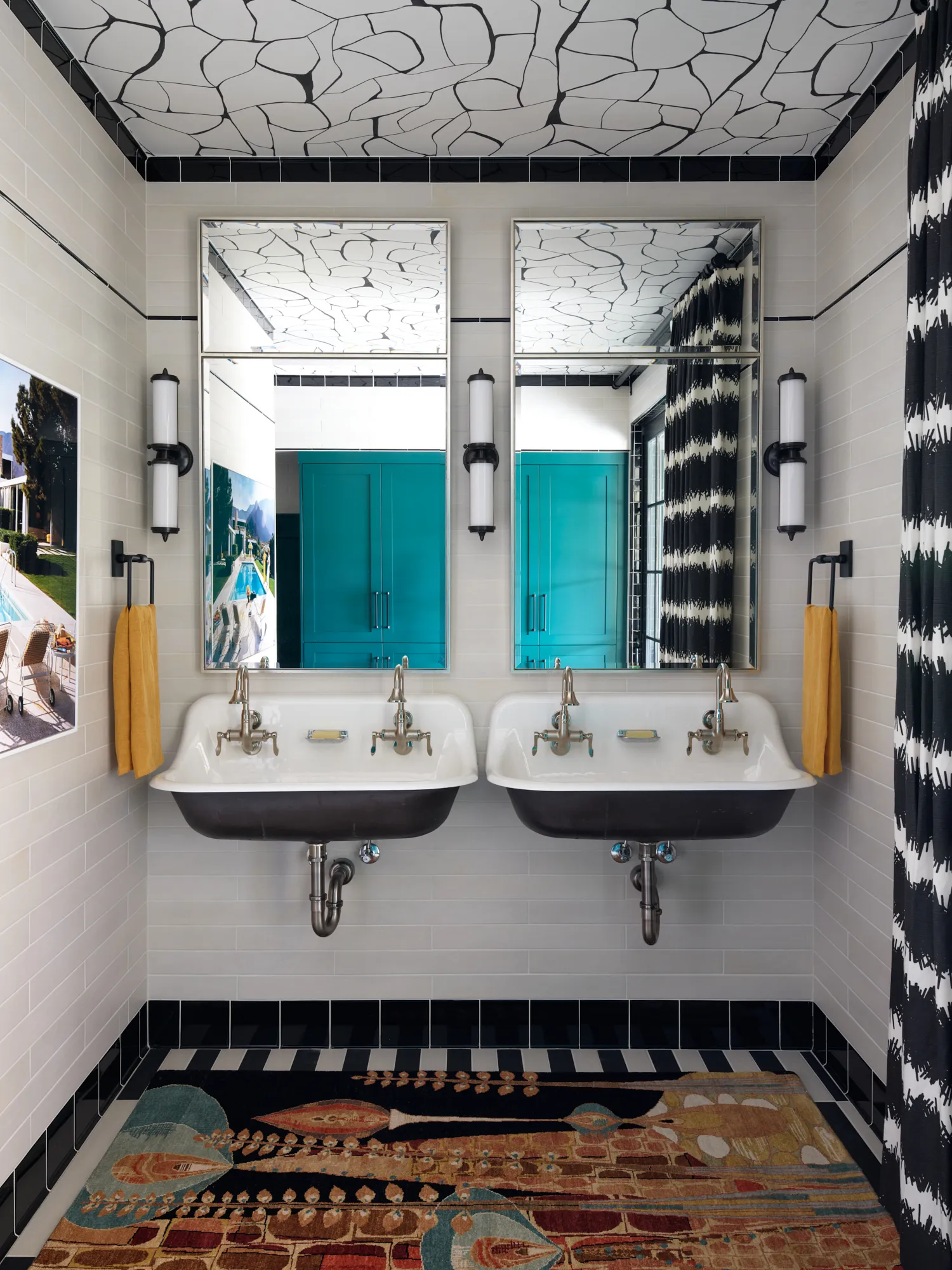 Cherry Hills bathroom double vanity black and white tile