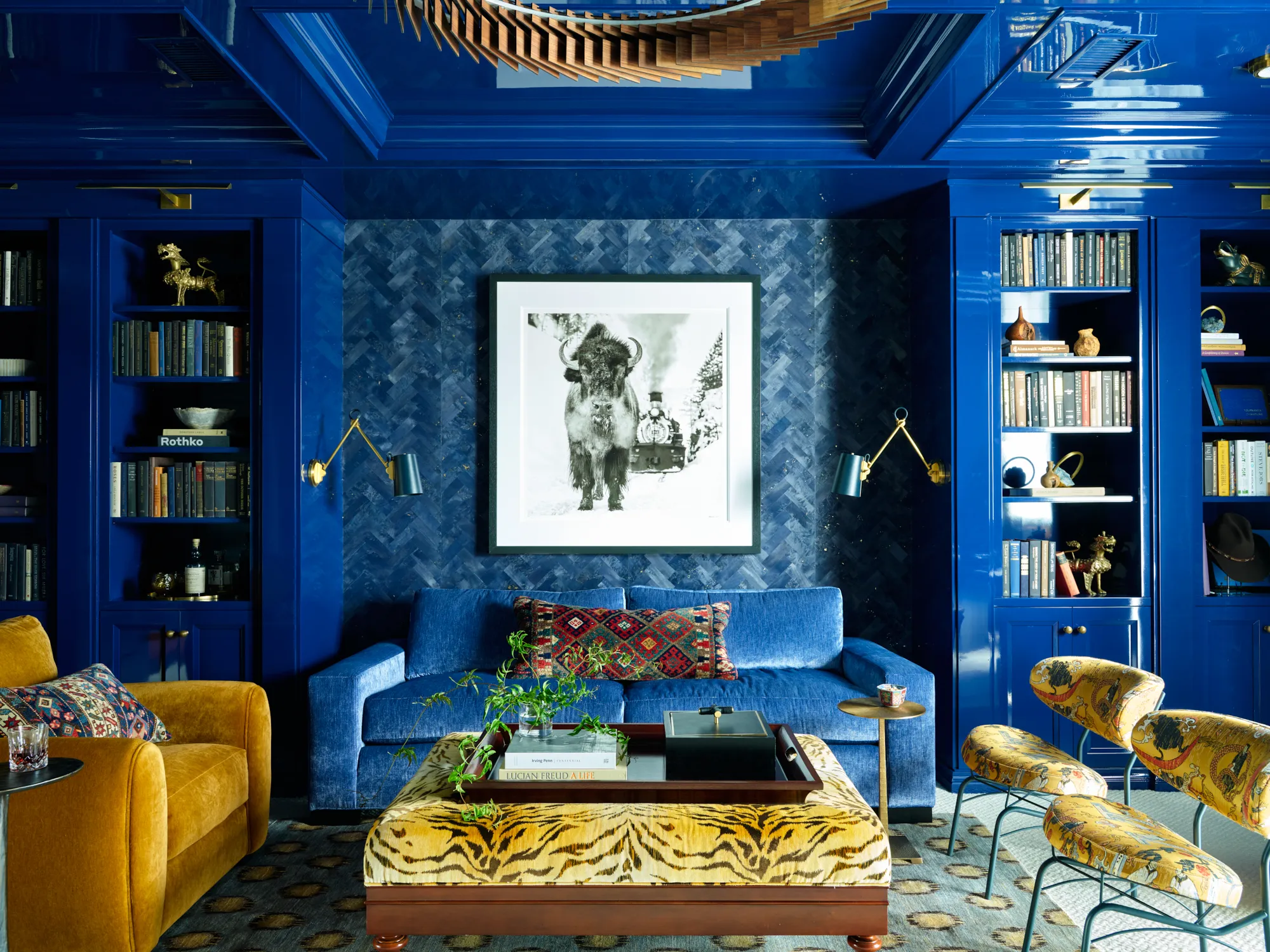 Denver living room blue lacquer walls statement ceiling