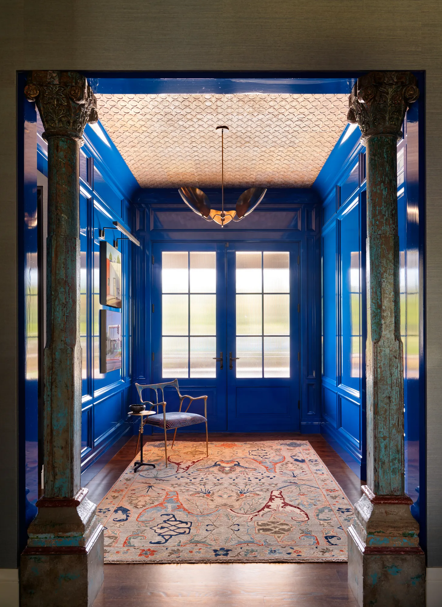 Cherry Hills hallway blue lacquer walls luxury interior design