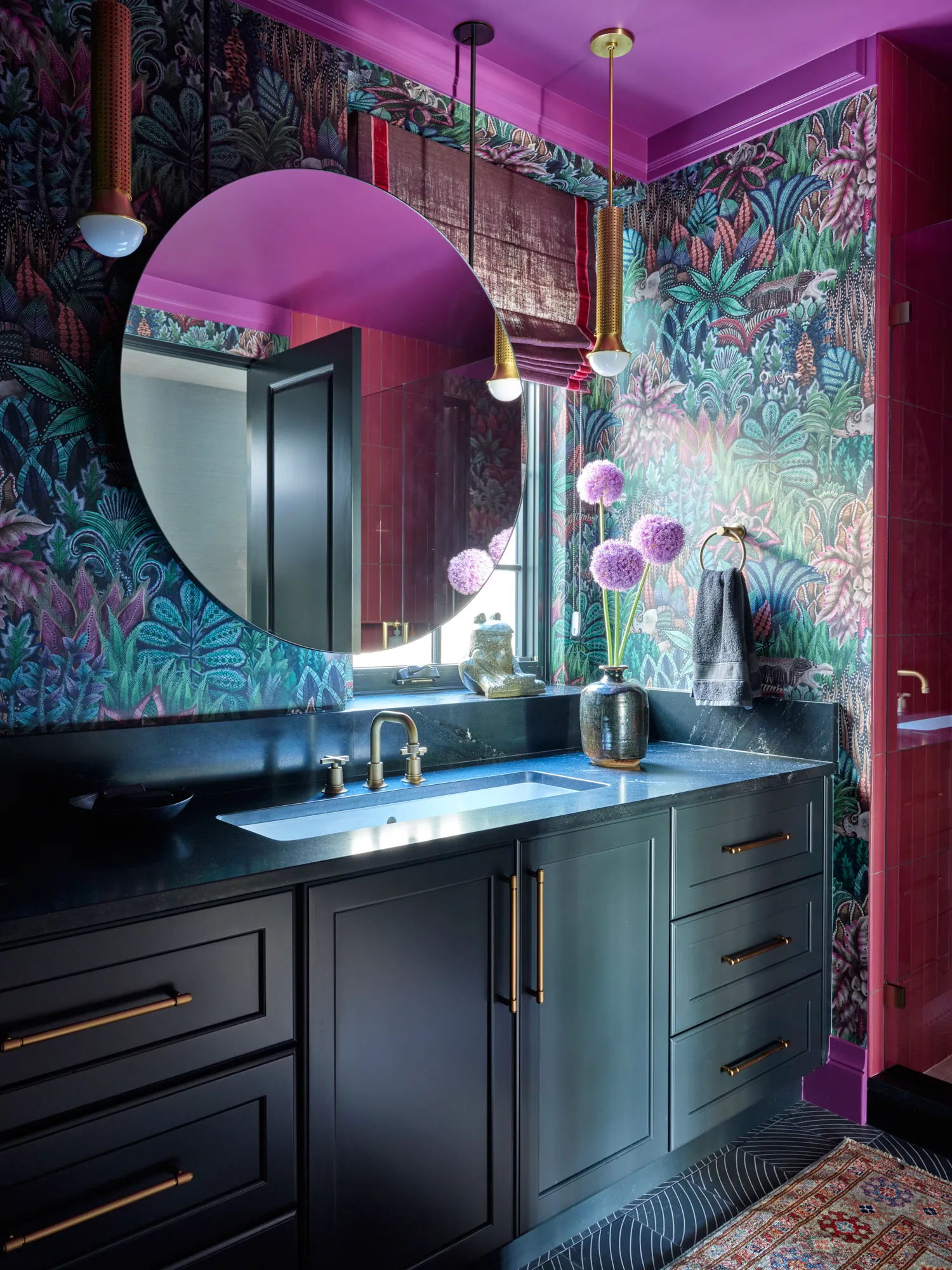 Denver bathroom colorful wallpaper round mirror modern vanity