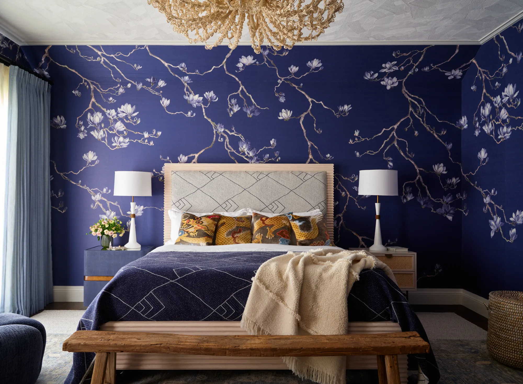 Denver luxury interior design bedroom cobalt wallpaper upholstered bed