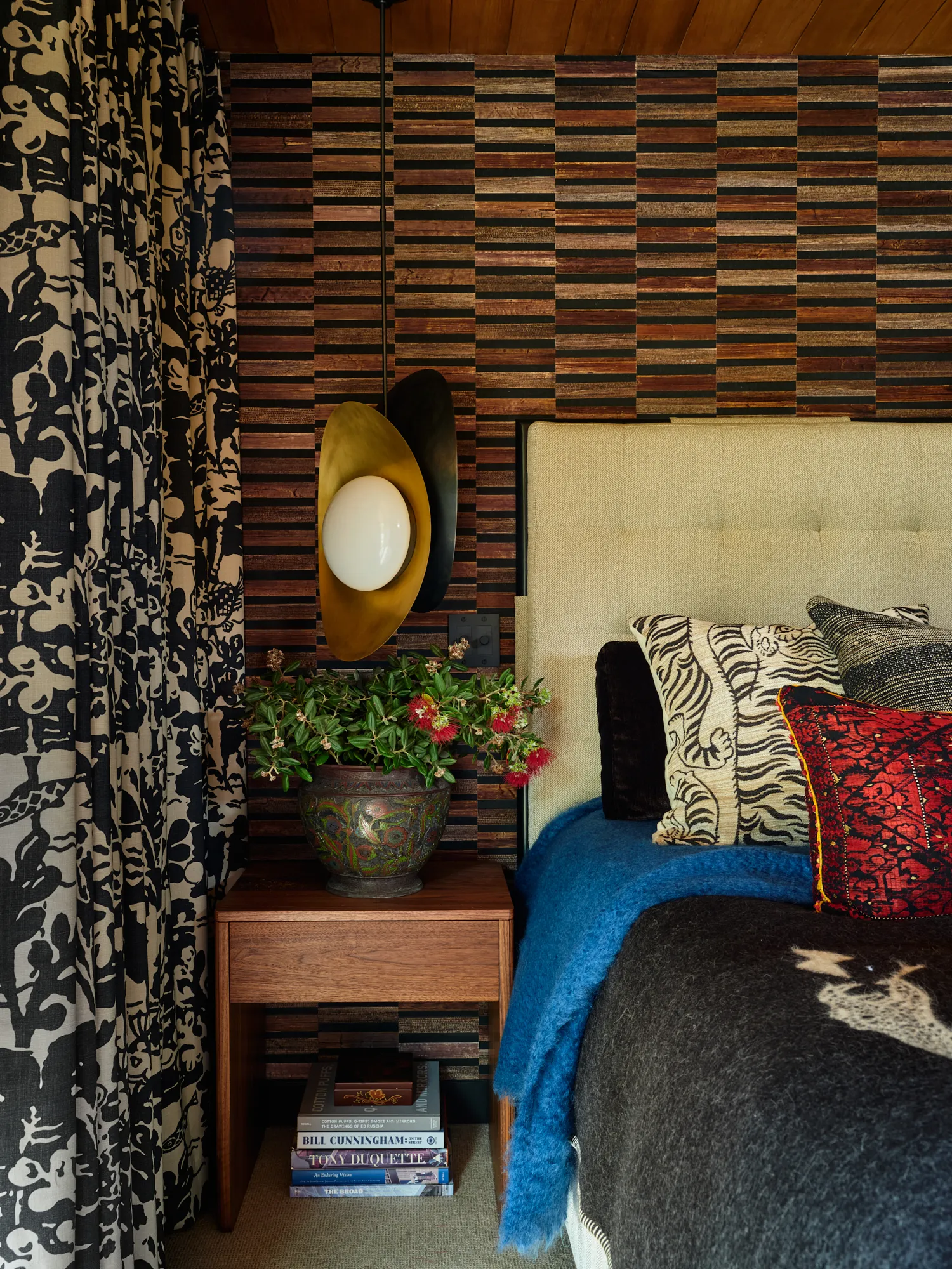Layered guest bedroom with expressive wallcovering in Santa Barbara home